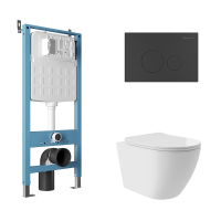 Комплект Aqueduto AQDS192T Унитаз подвесной Ovo Plus безободковый, с микролифтом, смыв Tornado + Система инсталляции для унитазов Tecnica Novo + Кнопка смыва Circulo Novo черная матовая