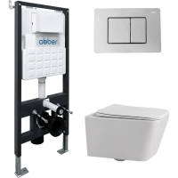 Комплект инсталляция с унитазом Abber AC1201-AC0105-AC0120 с кнопкой смыва, хром + унитаз подвесной Abber Rechteck безободковый, с сиденьем микролифт, белый