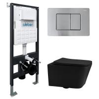 Комплект унитаза Abber Rechteck AC1201MB-AC0105-AC0120MCH с сиденьем Микролифт и клавишей смыва цвет Матовый хром
