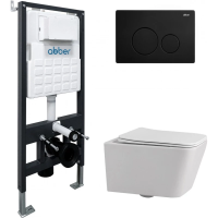 Комплект инсталляция с унитазом Abber AC1201-AC0105-AC0121MB с кнопкой смыва, черный матовый + унитаз подвесной Abber Rechteck безободковый, с сиденьем микролифт, белый