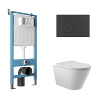 Комплект Aqueduto AQDS089: инсталляция Tecnica Novo, кнопка Circulo - черный матовый, унитаз Cone безободковый, сиденье с микролифтом, белый глянцевый