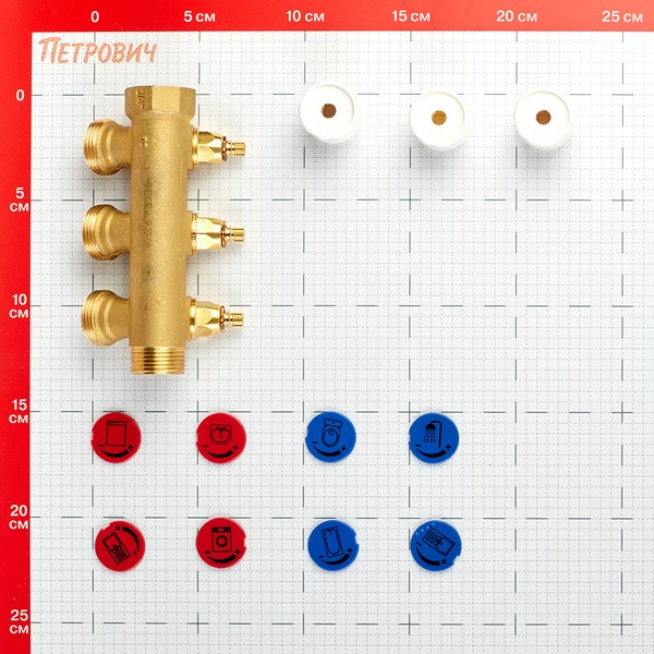 коллектор tece 3/4 вр(г) х 3 выхода 3/4 нр(ш) ек х 3/4 нр(ш) с запорными вентилями (8730007)