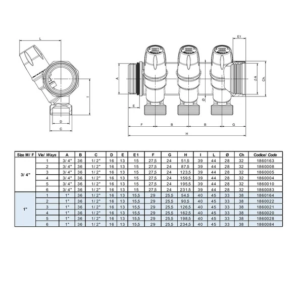 коллектор tiemme 3/4 вр(г) х 4 выхода 1/2 нр(ш) х 3/4 нр(ш) регулируемый (1860004)