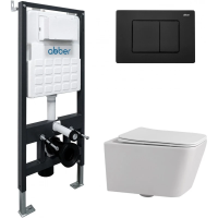 Комплект инсталляция с унитазом Abber AC1201-AC0105-AC0120MB с кнопкой смыва, черный матовый + унитаз подвесной Abber Rechteck безободковый, с сиденьем микролифт, белый