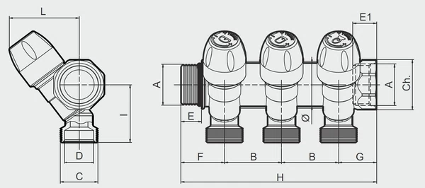 коллектор tiemme 3/4 вр(г) х 2 выхода 3/4 нр(ш) ек х 3/4 нр(ш) регулируемый (1860026/1877k50050502)