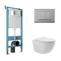 Комплект Aqueduto AQDS108 Унитаз подвесной Ovo безободковый, с микролифтом + Система инсталляции для унитазов Tecnica Novo + Кнопка смыва Quadrado хром