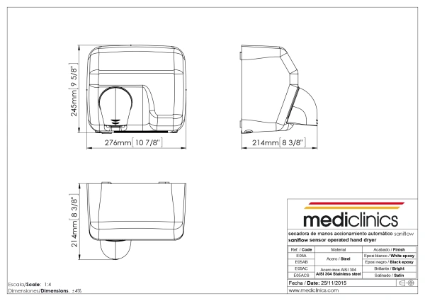 Сушилка для рук Mediclinics Saniflow (сенсорная), E05A, , материал: сталь, цвет: белый (эмаль).