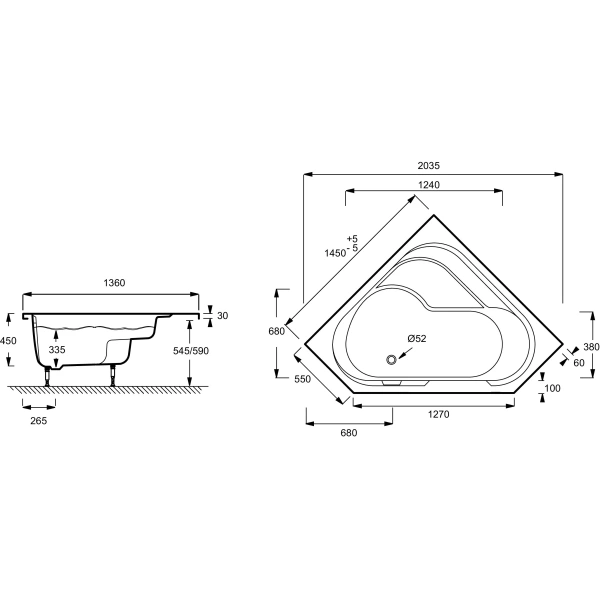 акриловая ванна jacob delafon bain douche 145x145 l e6222ru-00 без гидромассажа