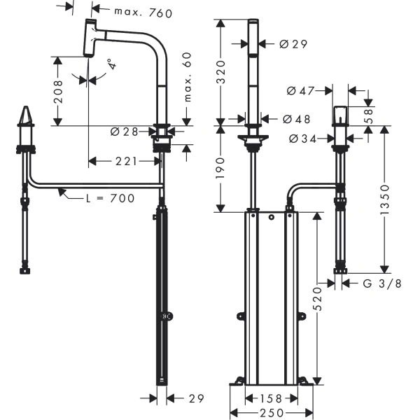 смеситель для кухни hansgrohe metris m71 73804800, сталь