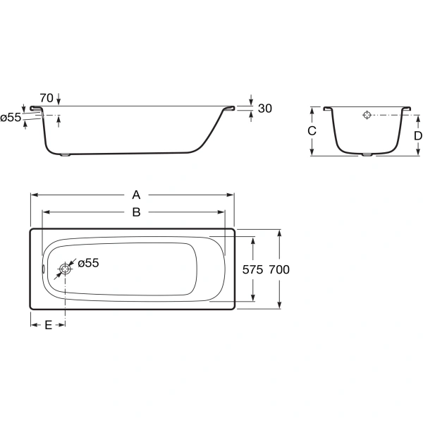 ванна стальная roca contesa 212d06001 120x70 см, белый