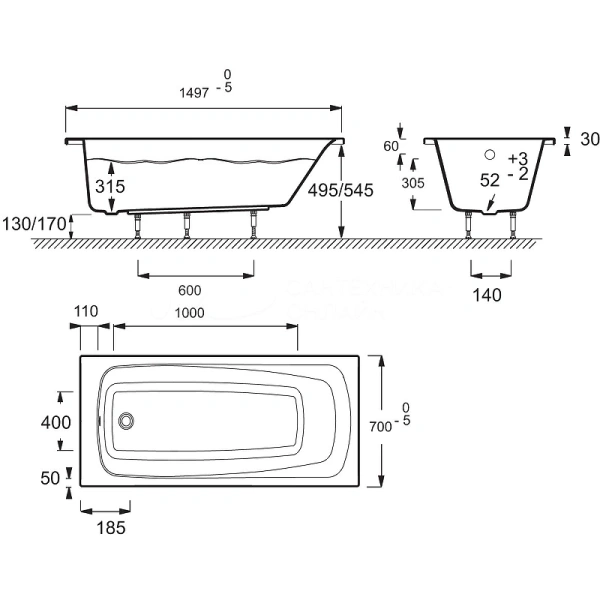 акриловая ванна jacob delafon patio 150x70 e6810ru-00 без гидромассажа 423100