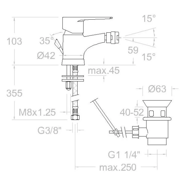 смеситель ramon soler titanium 1803va9065 для биде, с донным клапаном, хром