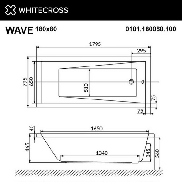 акриловая ванна whitecross wave 180x80 0101.180080.100 без гидромассажа