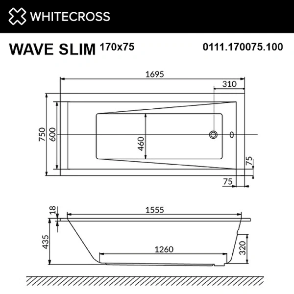 акриловая ванна whitecross wave slim 170x75 0111.170075.100 без гидромассажа