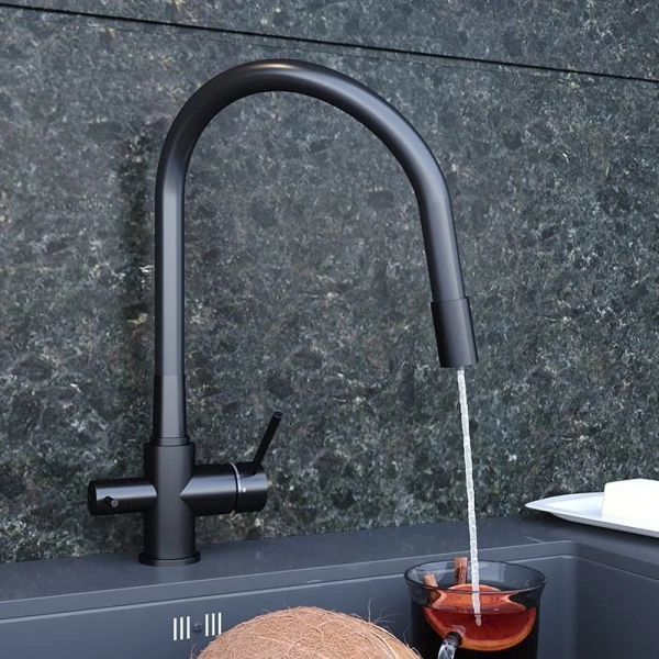 смеситель elghansa kitchen pure water 56f5216-black для кухни, с гибким изливом, с подключением к фильтру, черный матовый
