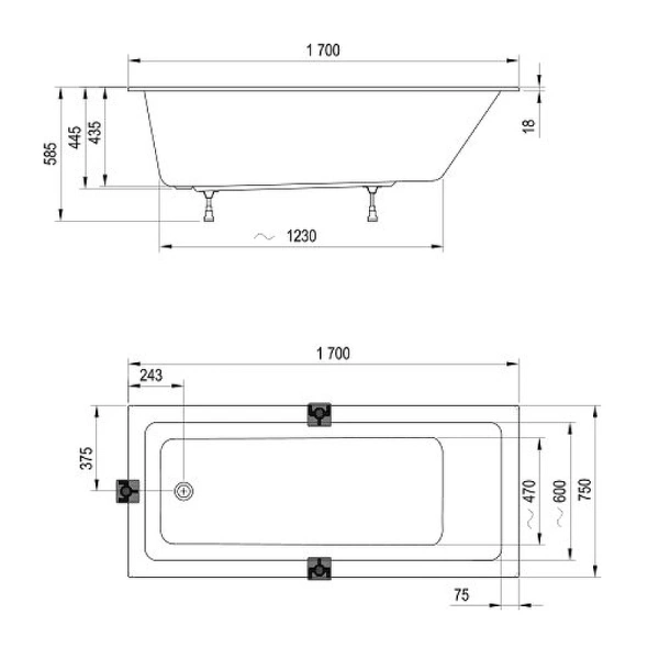 акриловая ванна ravak 10° slim 170x75 ca71300000 без гидромассажа