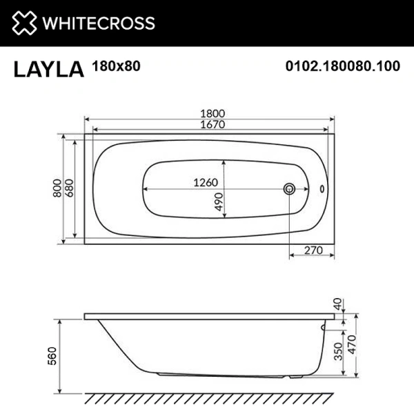 акриловая ванна whitecross layla 180x80 0102.180080.100 без гидромассажа