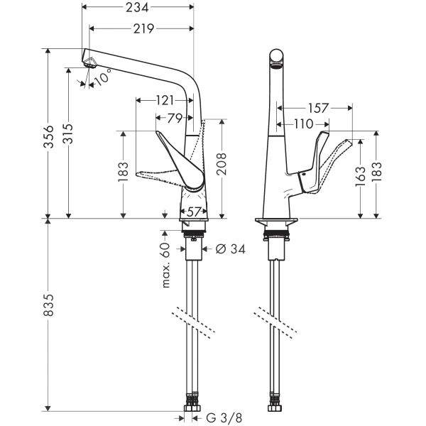 смеситель для кухни hansgrohe metris m71 14823000, хром