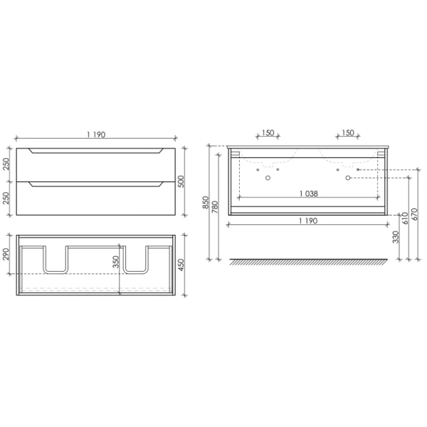 тумба под раковину sancos norma 2.0 1190х450х500, c двумя ящиками, белая глянцевая арт. nr2.0120-2w