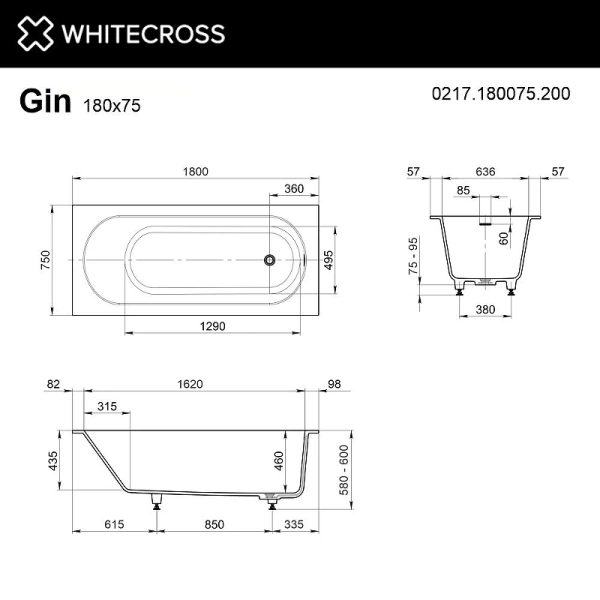 ванна из искусственного камня whitecross gin 180x75 0217.180075.200 цвет белый матовый