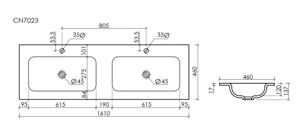 мебельная раковина ceramicanova grace прямоугольная 161см с двумя чашами и отверстиями под смеситель черный матовый cn7023mb